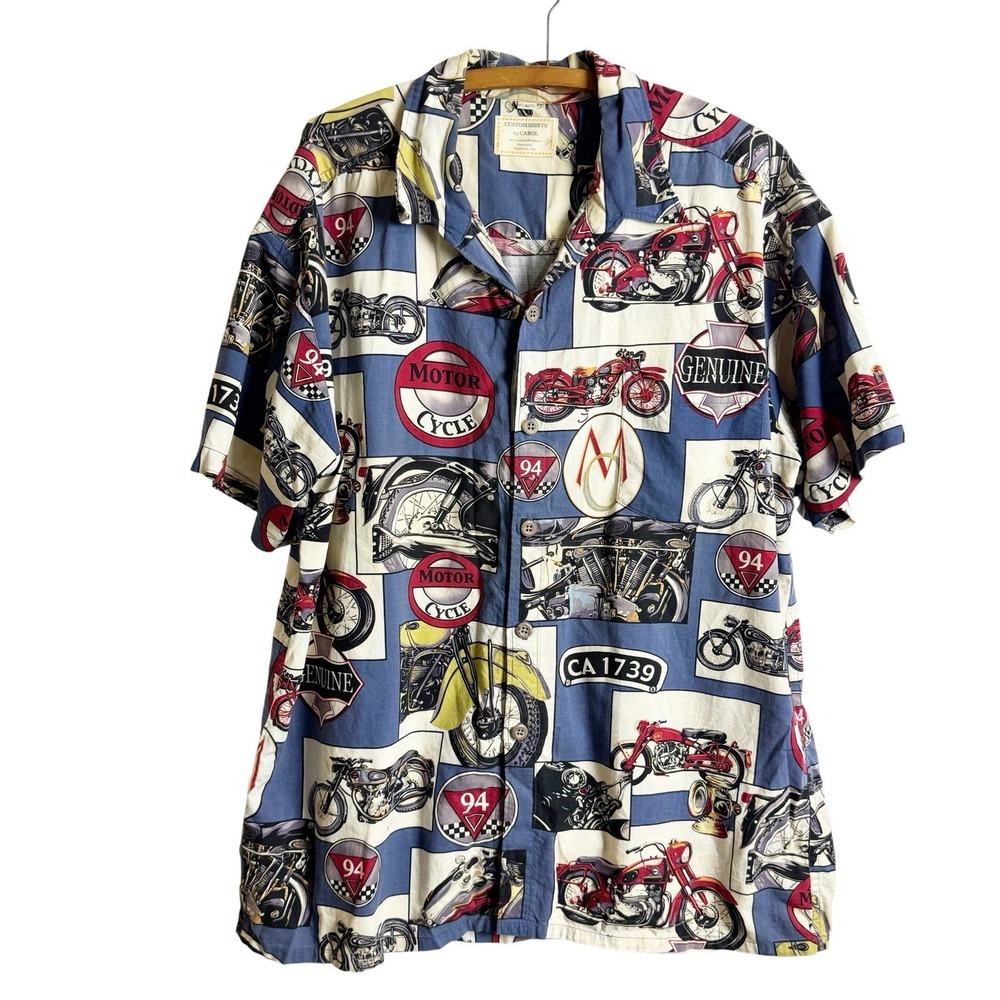 Men Large AOP Moto Motorcycle Print Short Sleeve Patchwork Campy 90s Grandpa